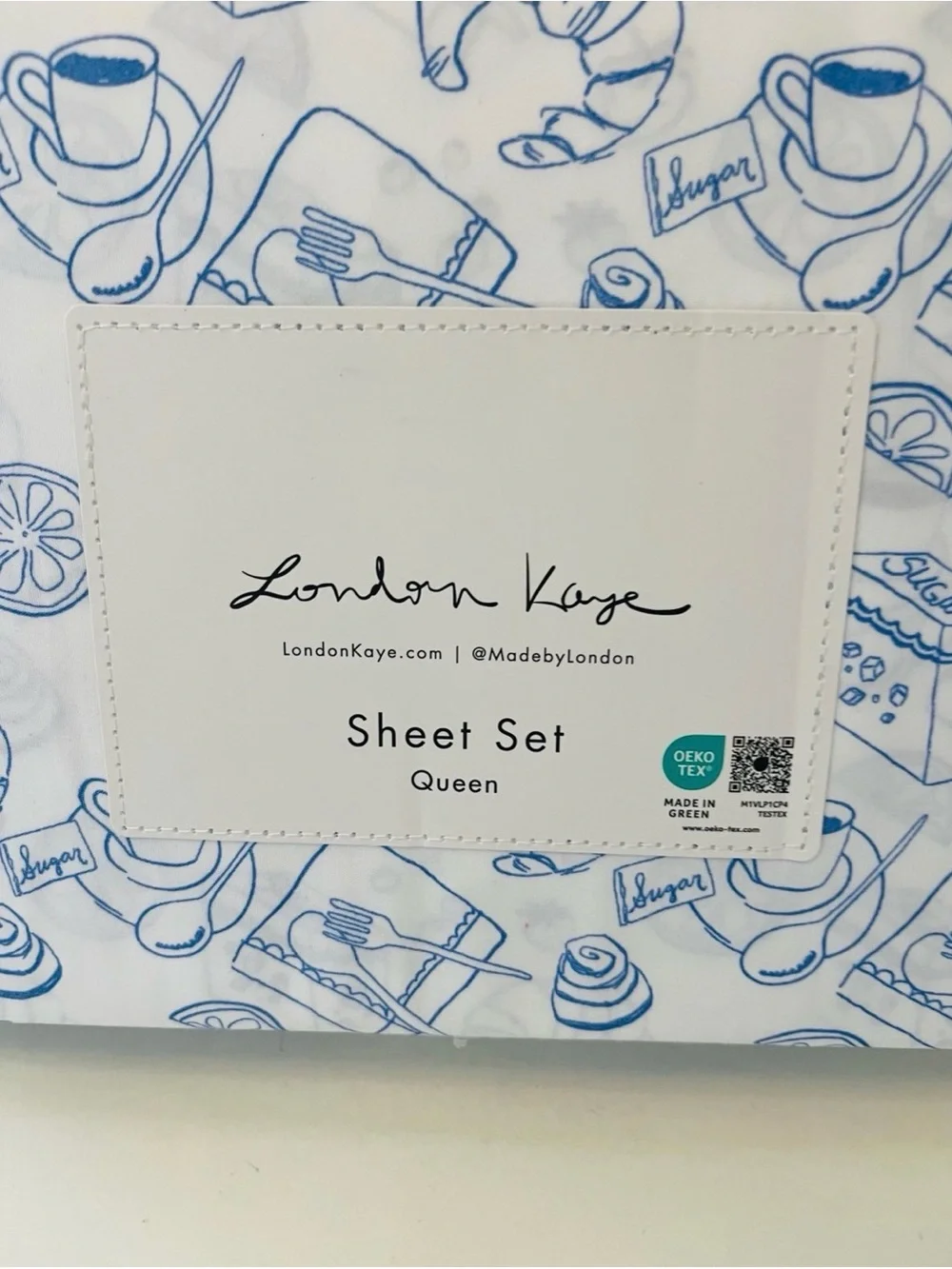London Kaye Parisian Pastry Queen Size Sheet Set White Blue Coffee Croissant